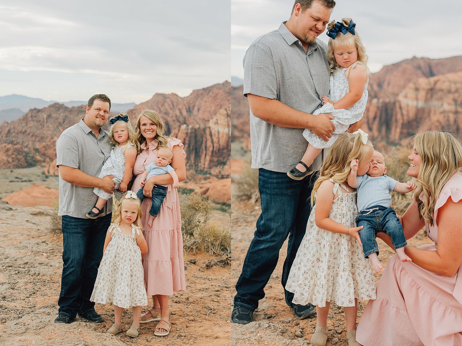 Family portrait session in red rock desert landscape with parents and young children in coordinating pink and gray outfits.