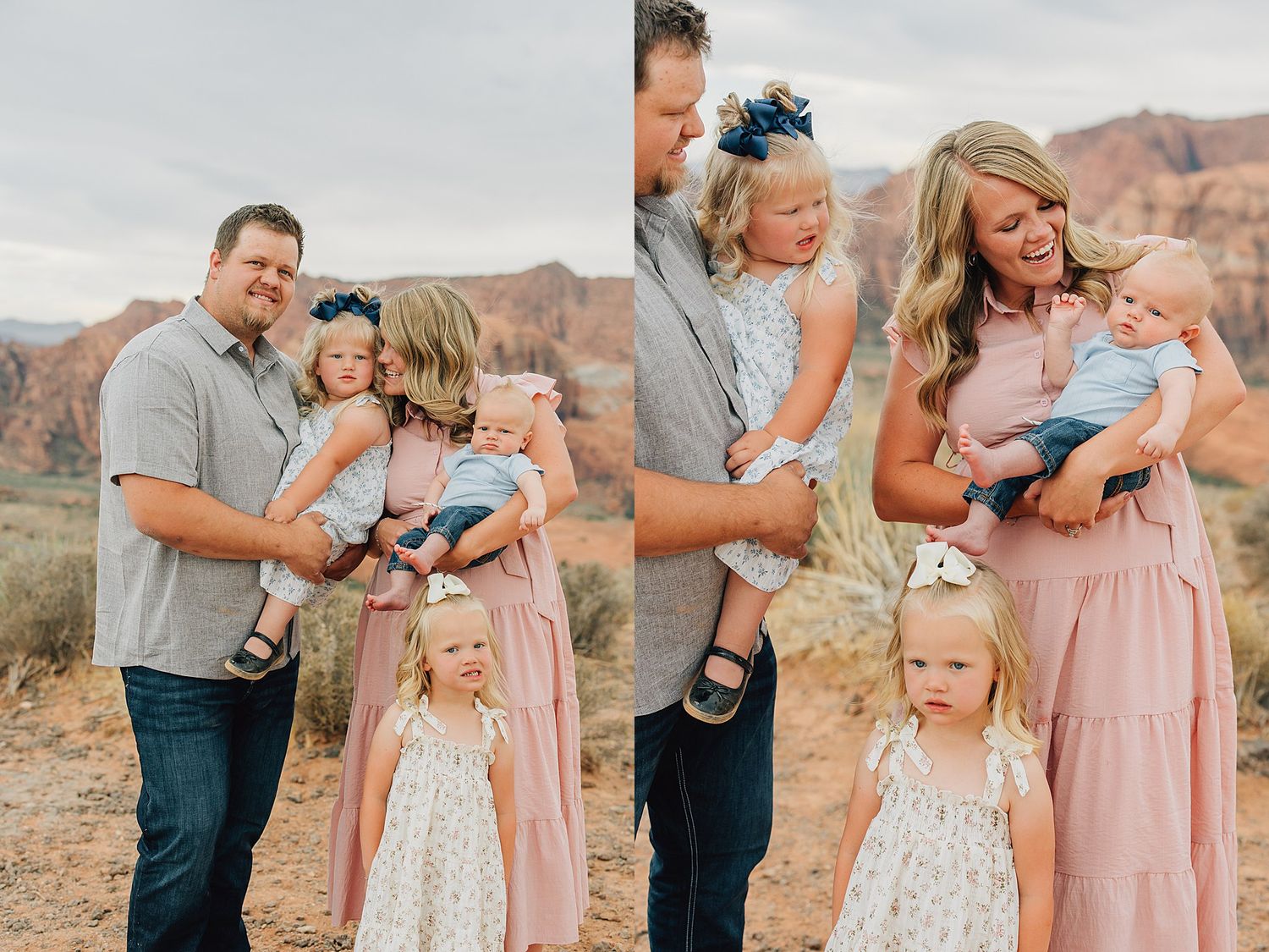 Family portrait with parents and three young children posing outdoors in a desert landscape with red rock formations.