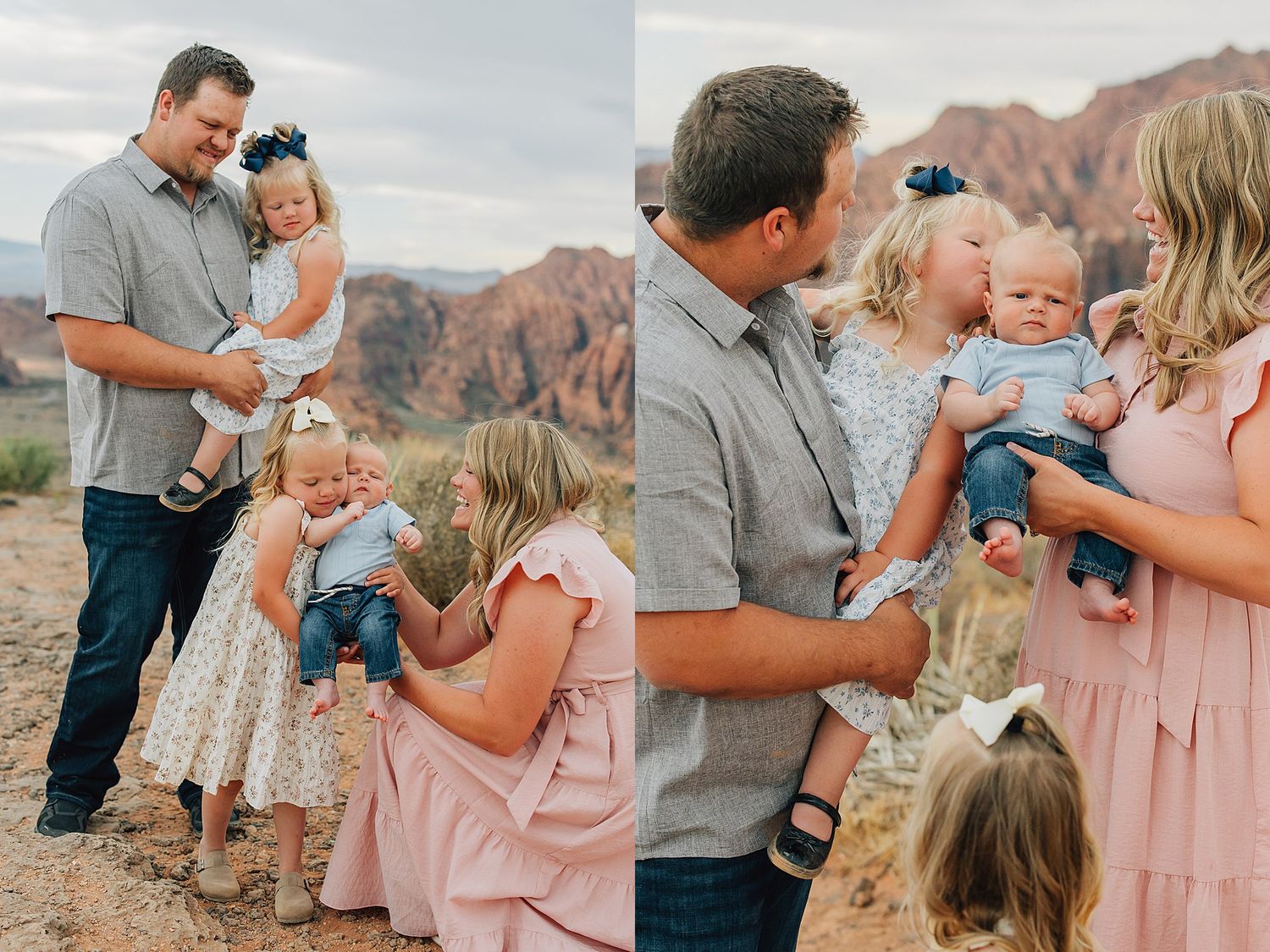 Family of five poses in desert landscape with red rock formations, parents holding young children in coordinating pink and gray outfits.