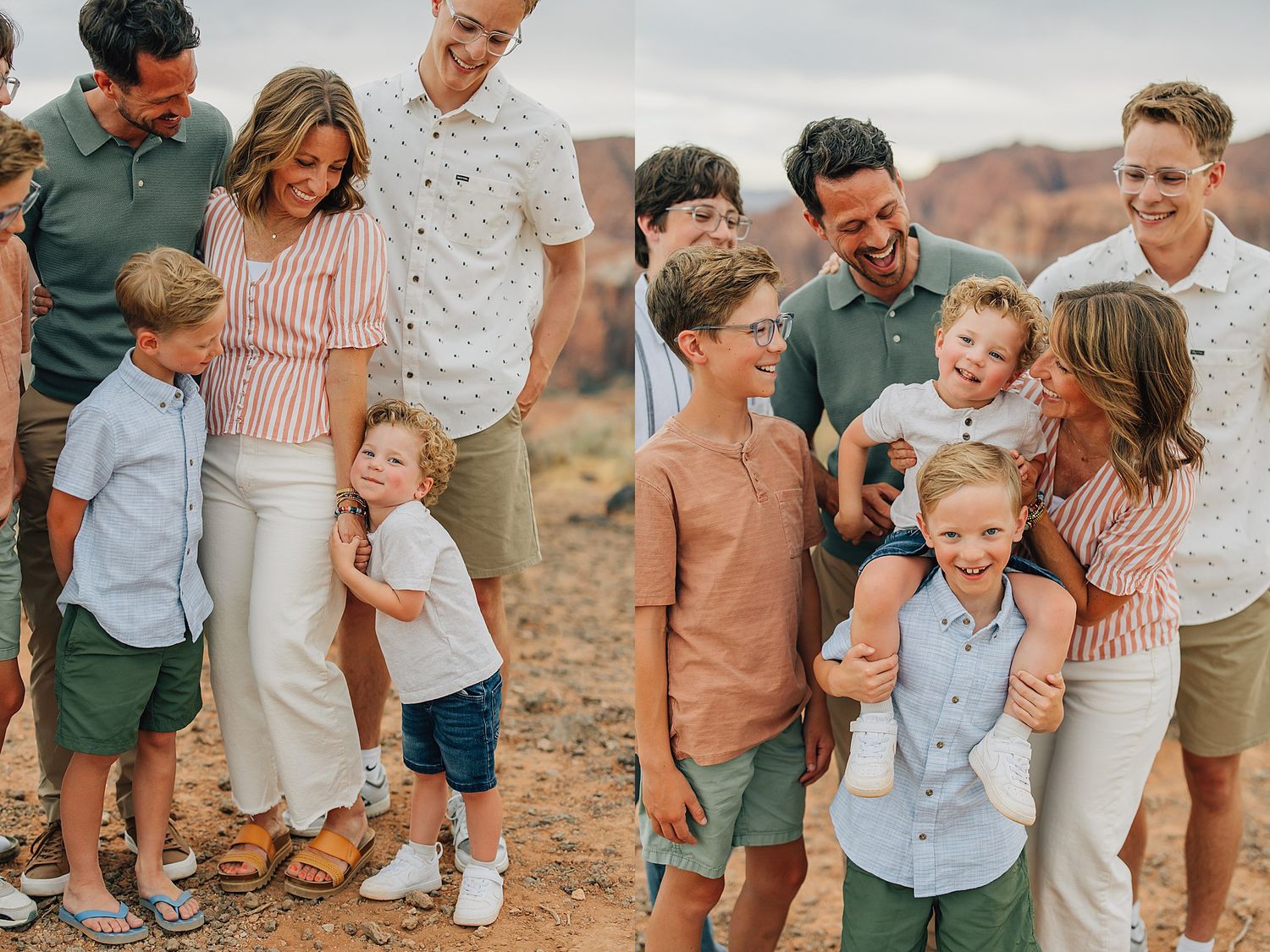 Family portrait session in a desert landscape with parents and children laughing and posing together outdoors.