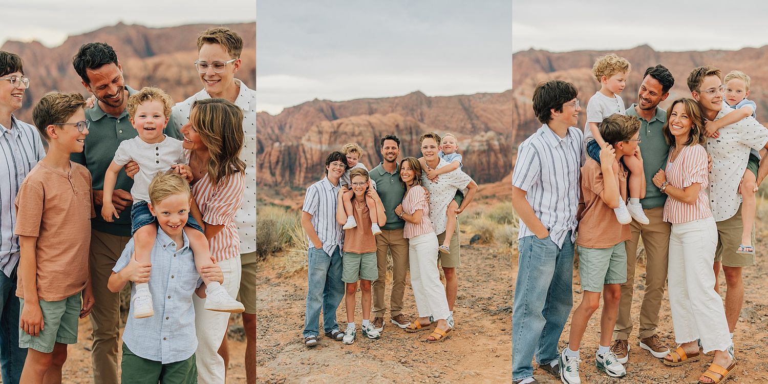 Family portrait session in red rock desert landscape with parents and children posing together outdoors.