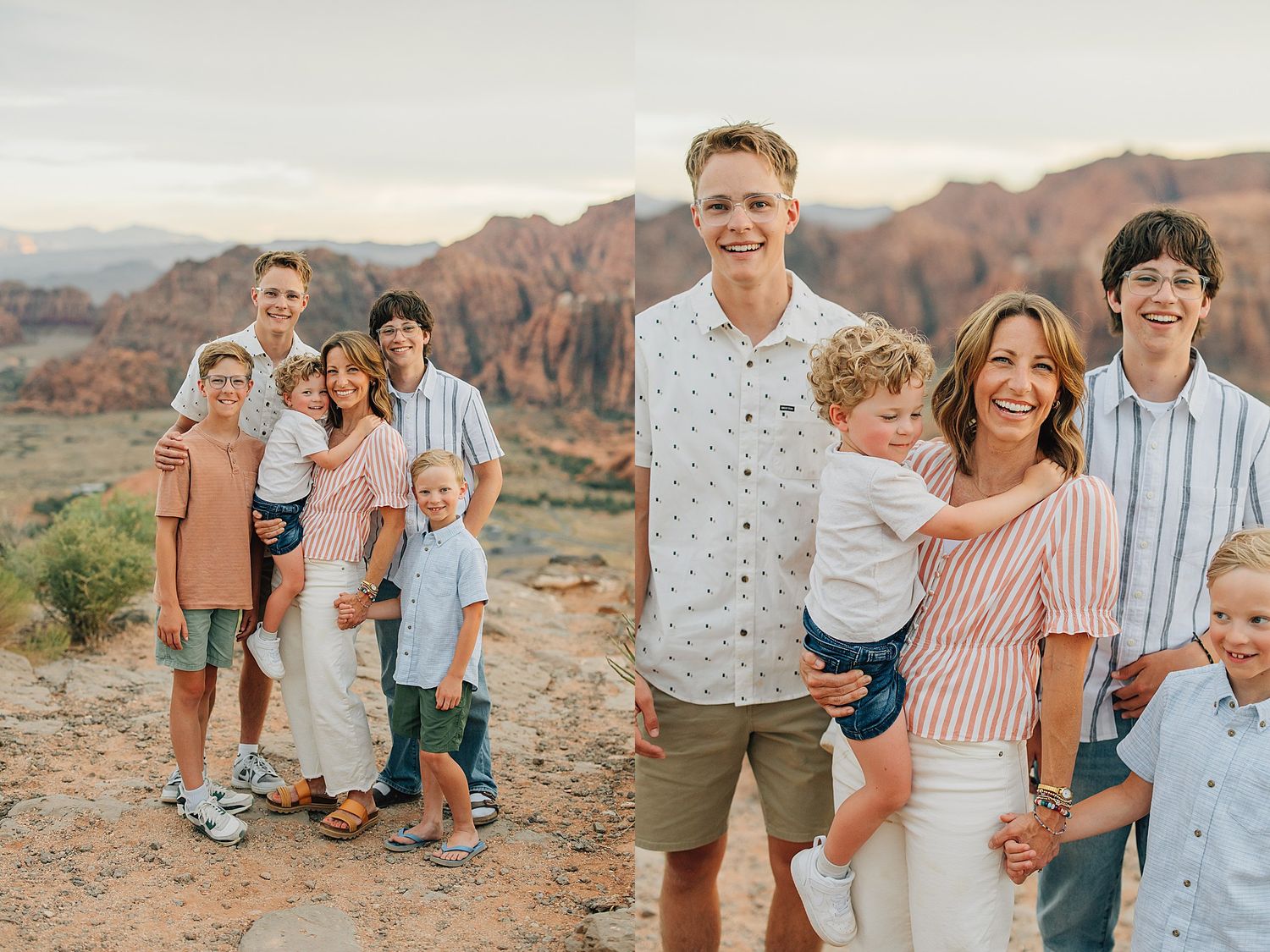 Family portrait session in red rock desert landscape, parents and children posing together in coordinated casual outfits.