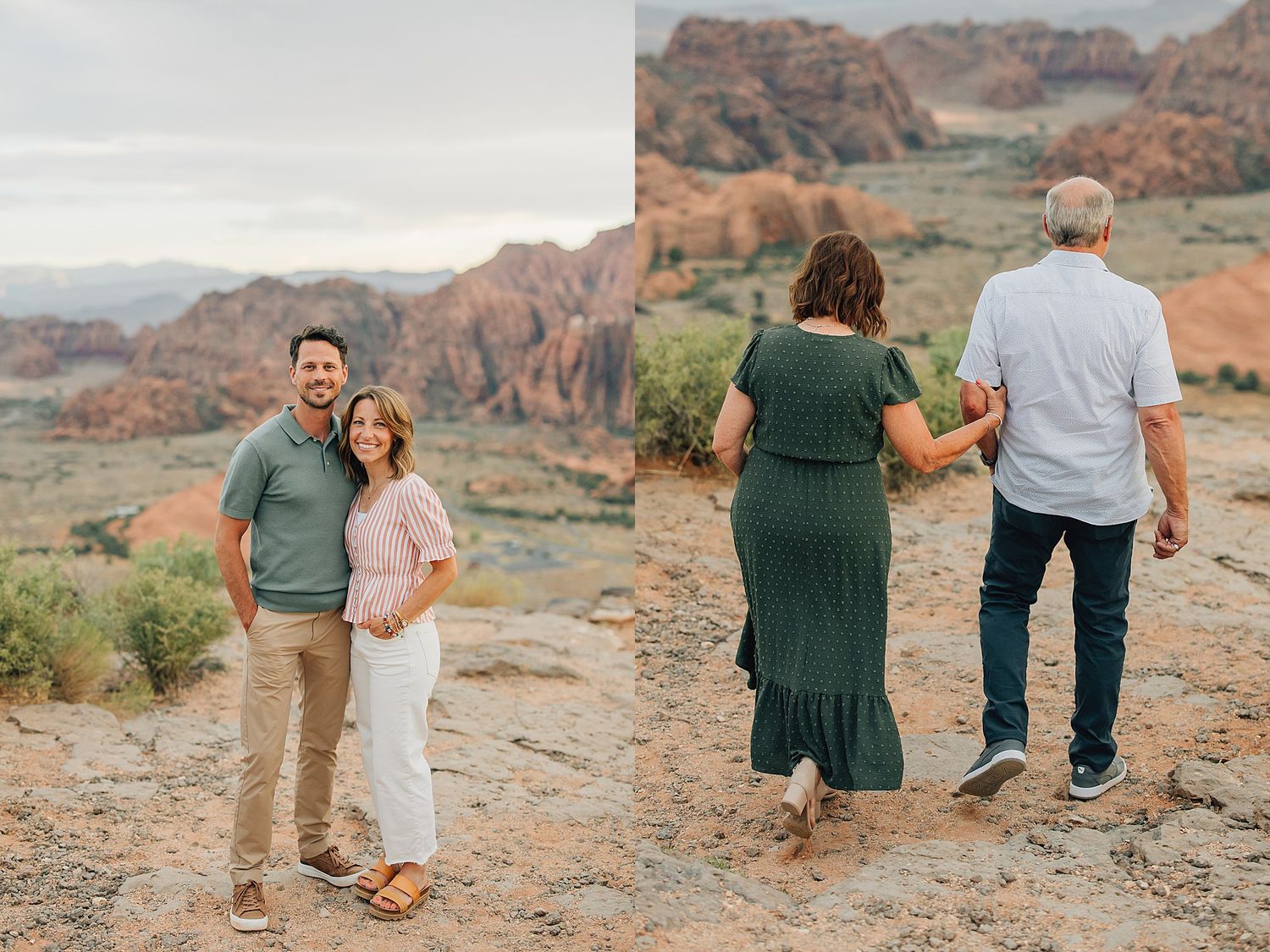 Couple poses smiling at red rock canyon landscape, while another couple walks hand-in-hand through desert terrain.