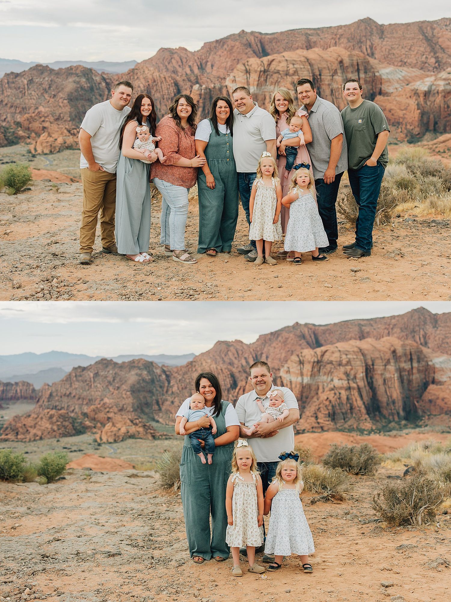 Family portrait session in red rock canyon with adults and children posing against stunning desert landscape.