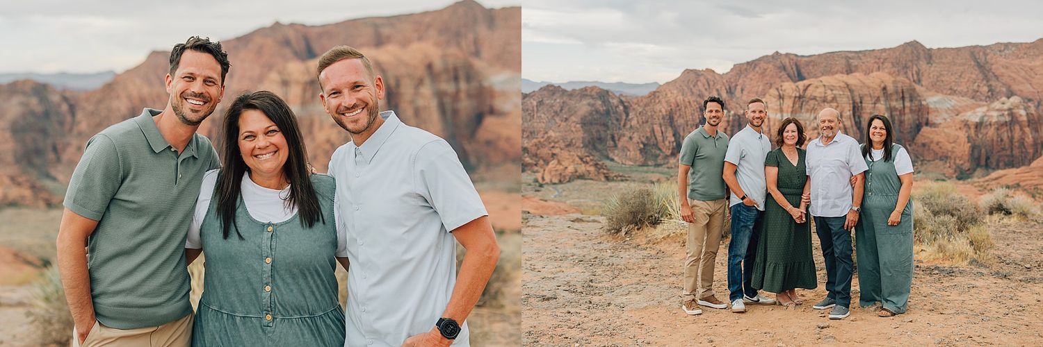 Family portrait session in a red rock desert canyon landscape with mountains in the background.