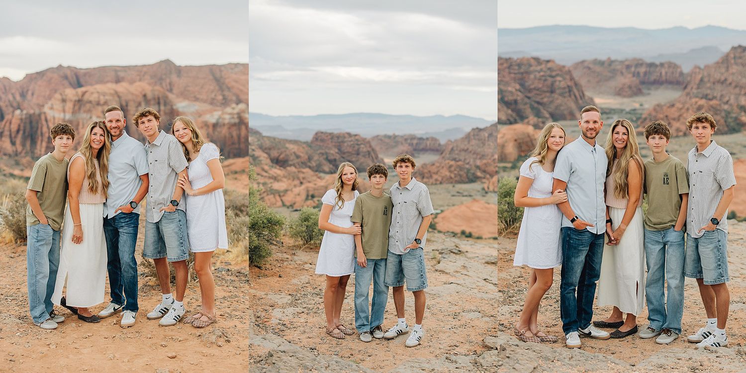 Family portrait session in red rock canyon desert landscape, parents and children posing together in coordinated casual outfits.