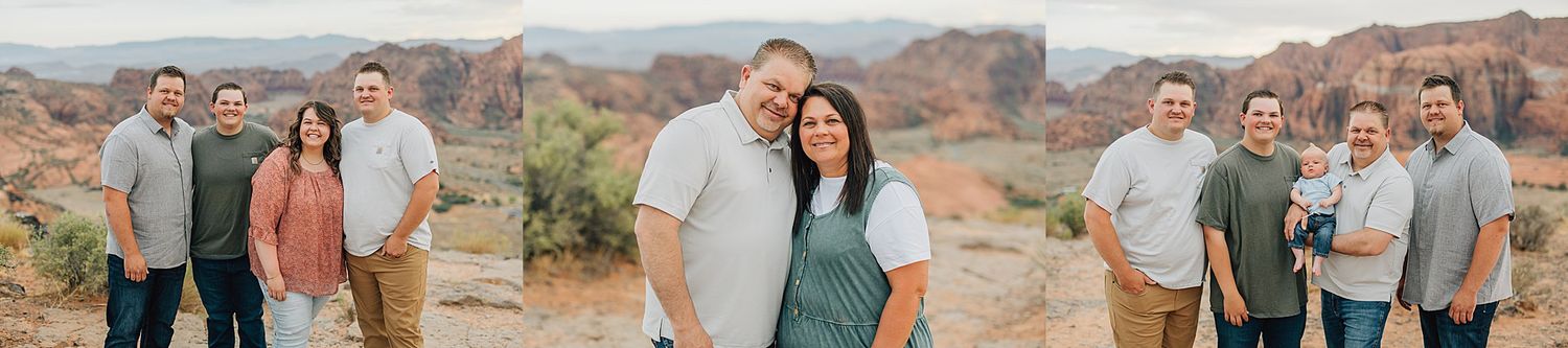 A family poses together at a scenic red rock canyon overlook, smiling in casual attire during golden hour.