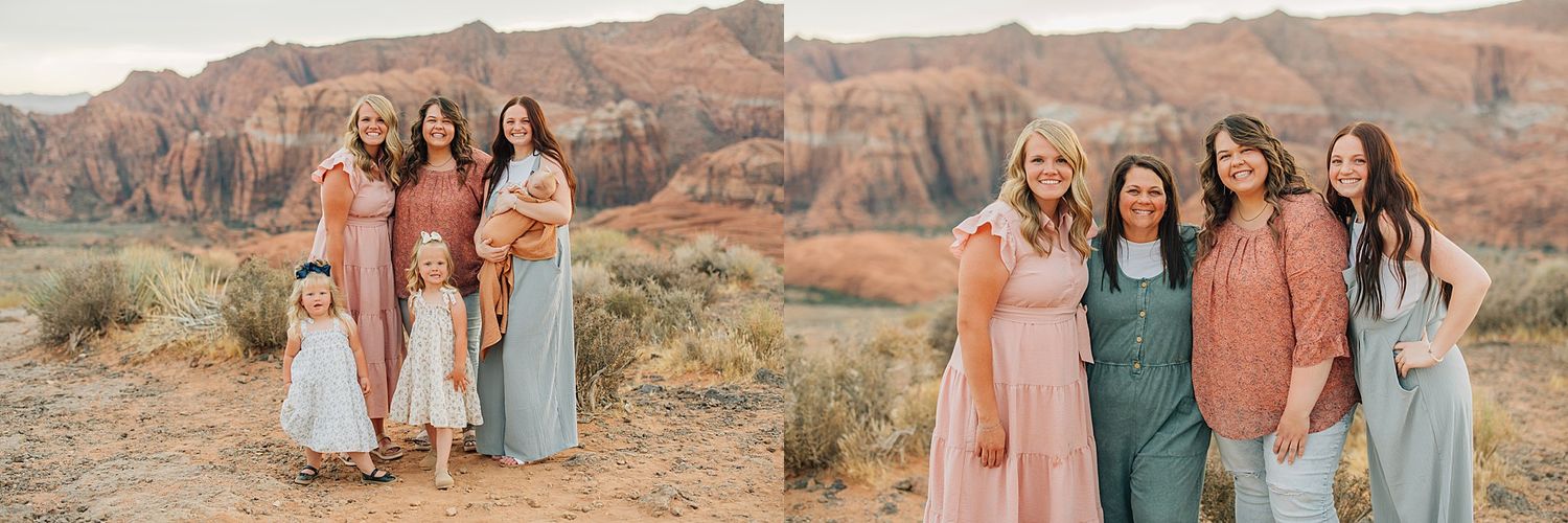 Women and girls pose together in flowing pastel dresses against a stunning red rock desert landscape at golden hour.