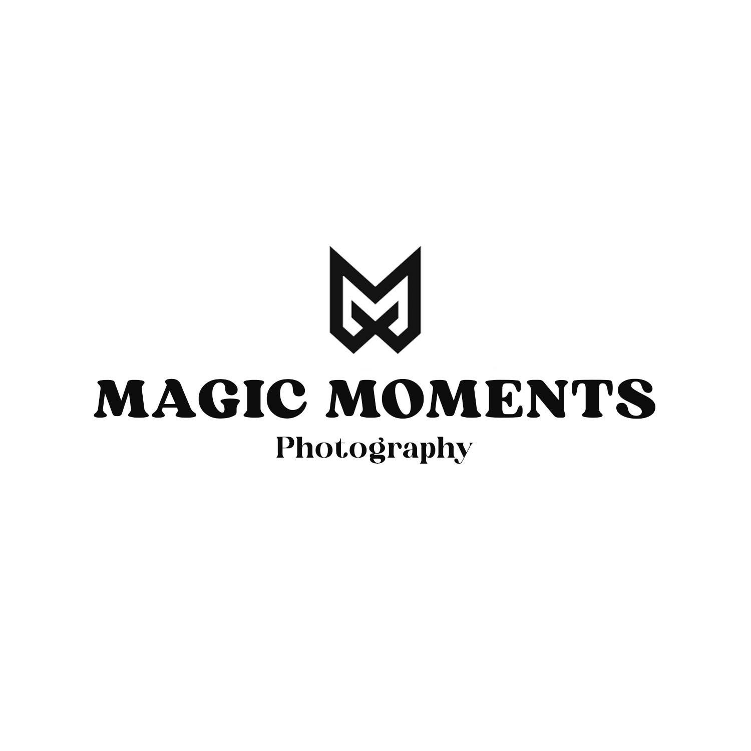 Black and white Magic Moments Photography logo featuring a geometric MM monogram above bold text on white background.