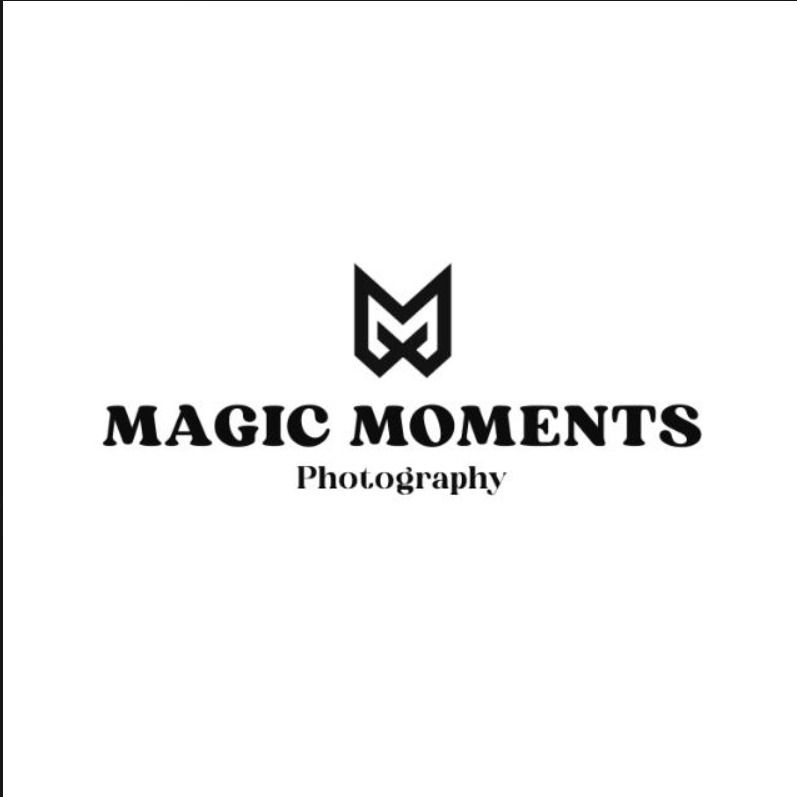 Black and white Magic Moments Photography logo featuring a geometric MM monogram above bold text on white background.