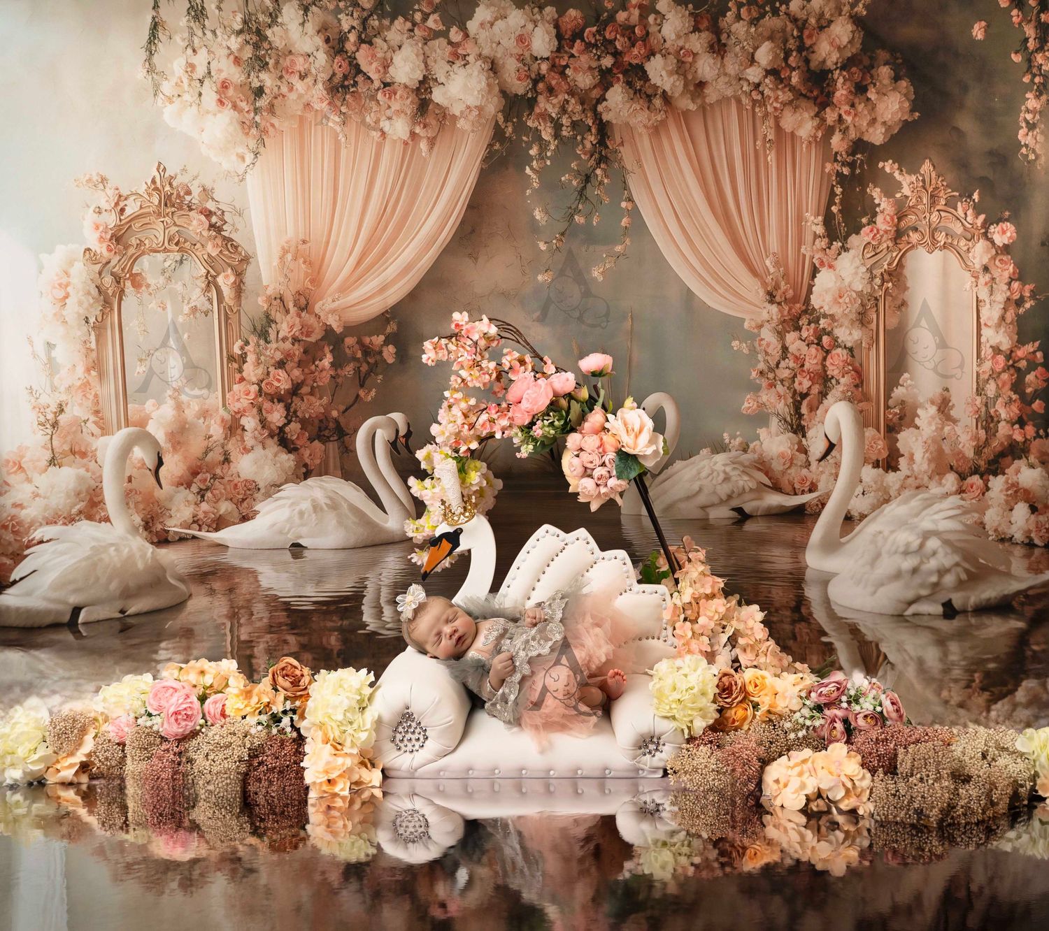 newborn photo with swans, pink florals, draped curtains, and a sleeping baby in a floral swan boat. At The Affinity Studio in St. Augustine