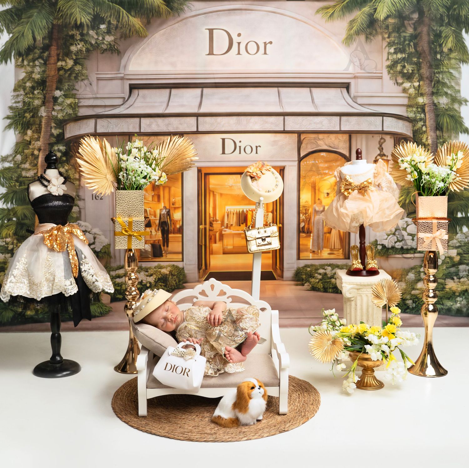 Newborn baby sleeping on a white bench in front of a Dior store backdrop. At The Affinity Studio in St. Augustine.