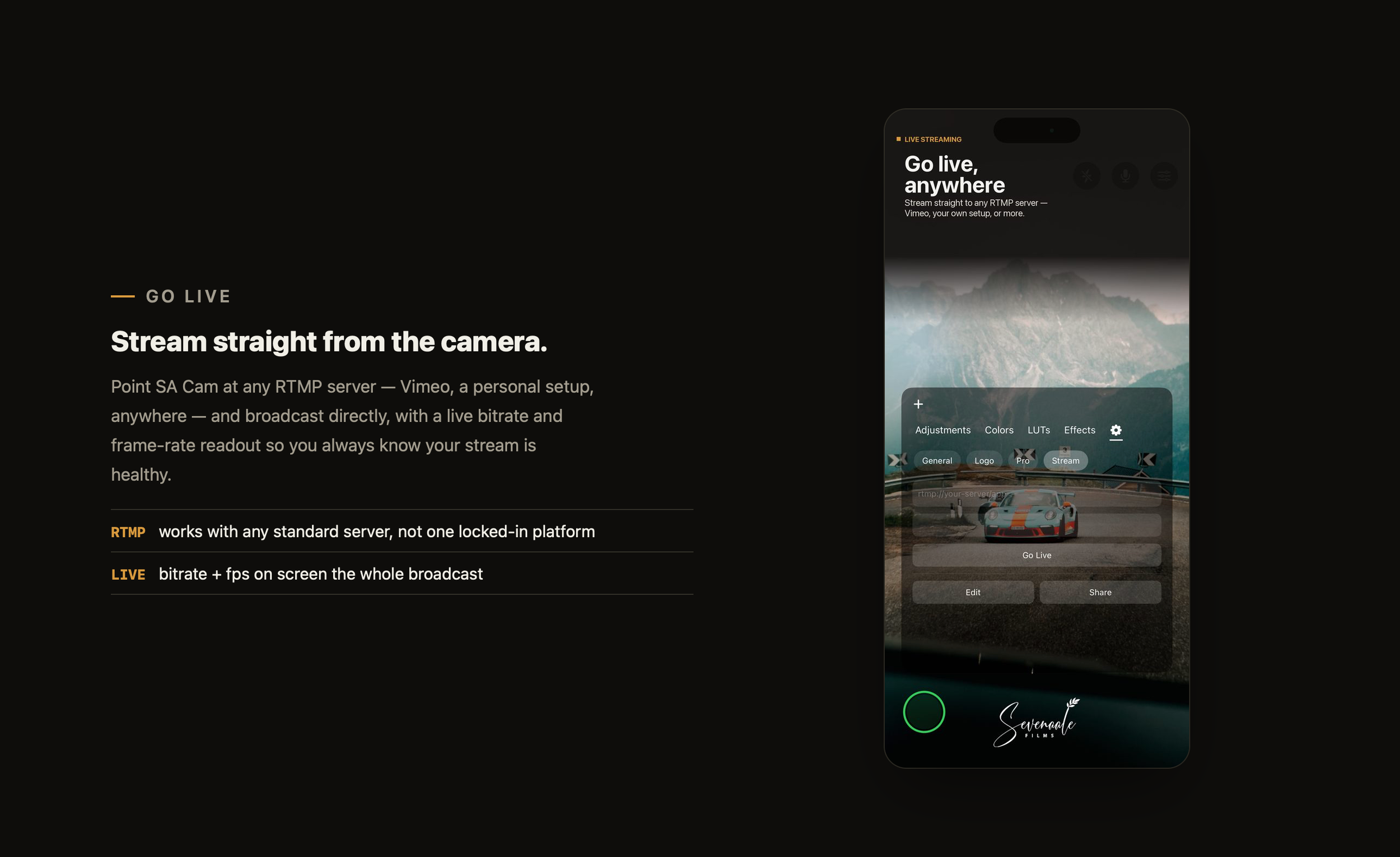 Live streaming app interface showing camera broadcast feature with RTMP server support and real-time bitrate monitoring.