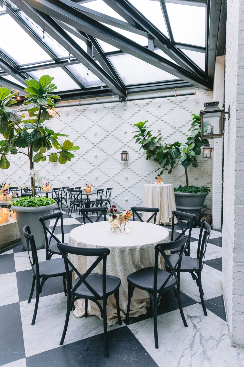 Elegant greenhouse dining area with black cross-back chairs, round tables, checkered floors, and fiddle leaf fig trees.