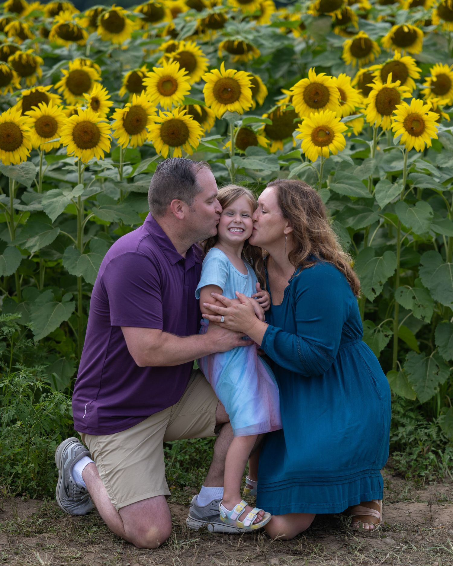 Family of three sharing kisses in sunflower mini session family portrait in New Hampshire