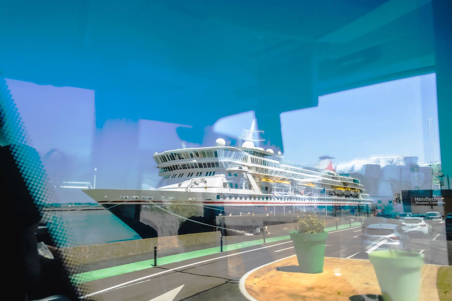 Large white cruise ship docked at port, viewed through tinted glass with green potted plants in foreground.