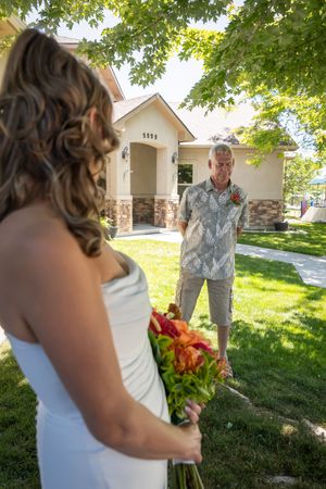 First look backyard wedding Boise Idaho Milestones Portraits