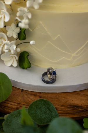 wedding cake with rings backyard wedding Boise Idaho Milestones Portraits