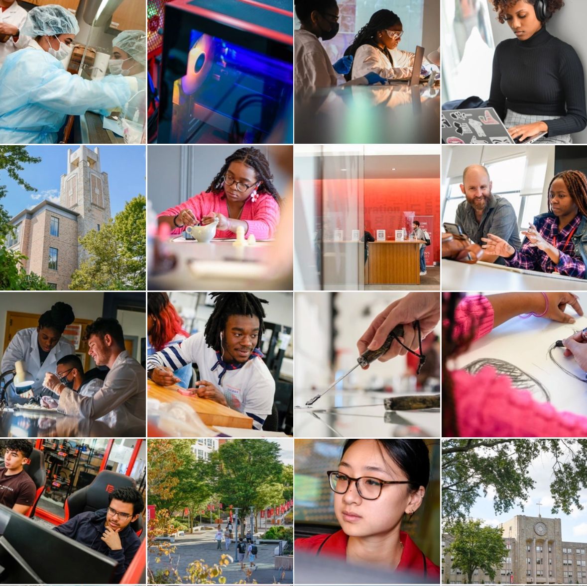 A diverse college collage showing students in medical, academic, laboratory, and outdoor campus settings.