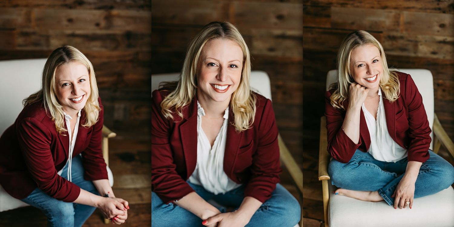 Smiling blonde woman in red cardigan and jeans poses for a triptych portrait session in a modern studio.