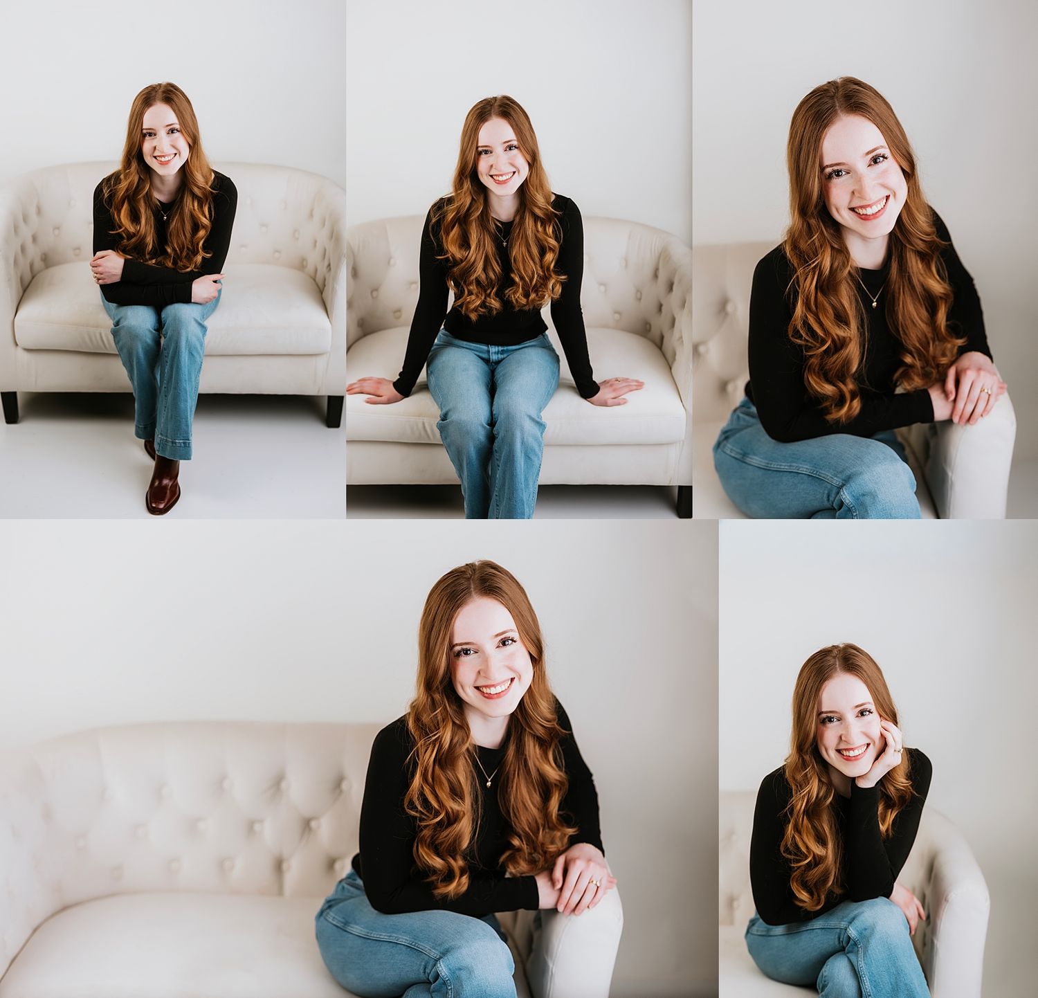 Smiling young woman with long auburn hair poses in three ways against a rustic wood wall backdrop.