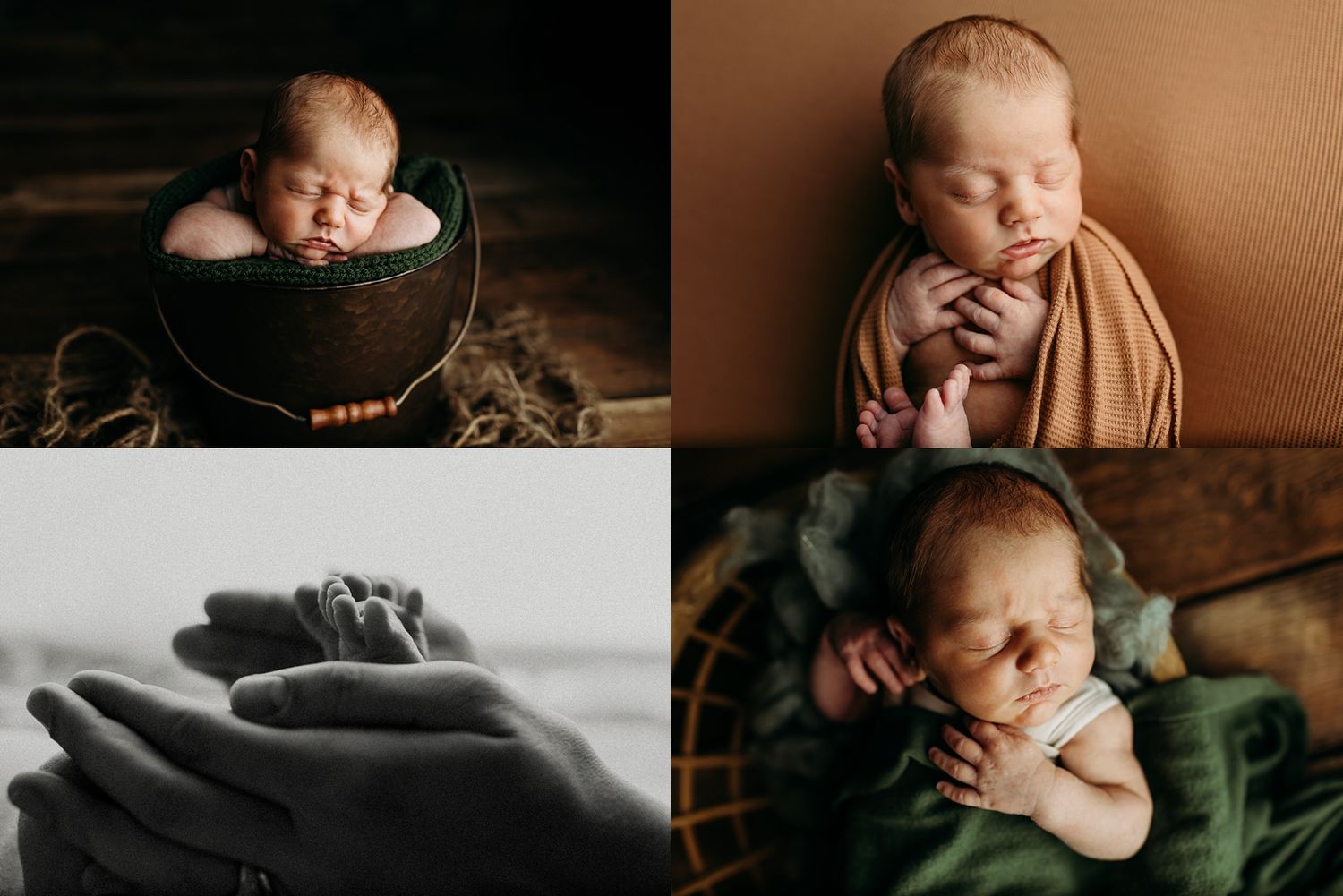 Newborn baby sleeping peacefully in four poses, wrapped in soft wraps and held gently in a professional photography session.