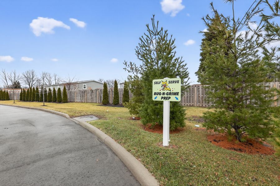 Landscaped entrance with evergreen trees and Dog-N-Grime Prep sign at car wash facility.