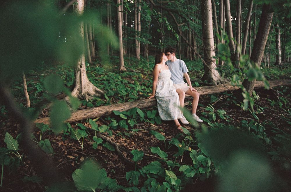 Couple sharing a romantic kiss while sitting on a fallen log in a lush green forest setting.