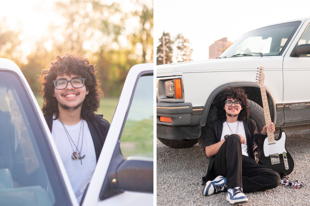 Senior Guy with His Car and Guitar in Downtown Bartlesville by Bartlesville Senior Photographer Kristi Bray
