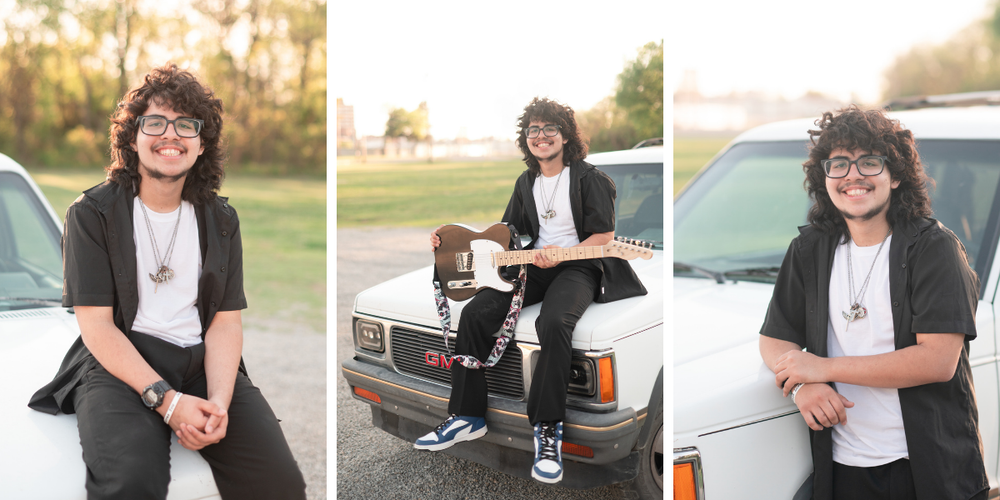 Senior Guy with His Car and Guitar in Downtown Bartlesville by Bartlesville Senior Photographer Kristi Bray