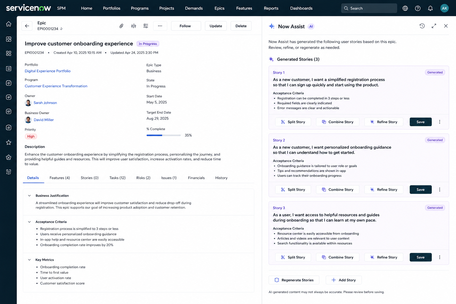 ServiceNow platform dashboard showing customer onboarding experience improvement project with task management and workflow automation tools.