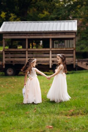 Two young girls in matching blush tulle dresses holding hands on green grass near a rustic wooden structure.