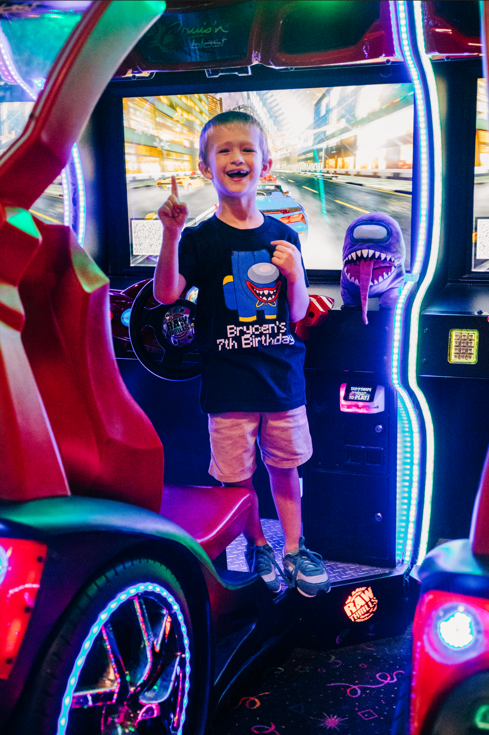 Lake Worth Beach birthday photos of a 7-year-old boy celebrating at Fun Depot arcade.