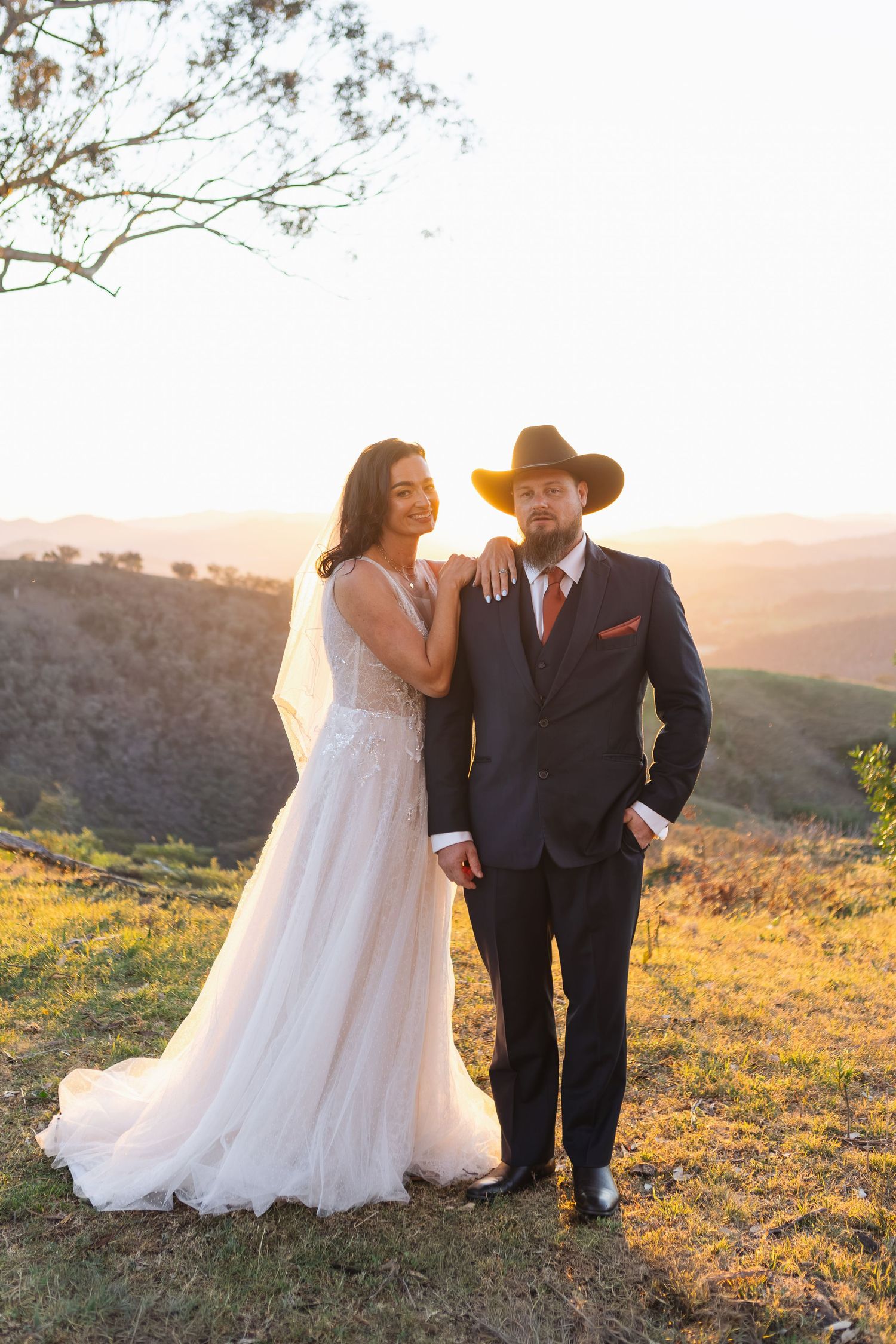 Kylie and Jono during sunset wedding portraits in the Upper Hunter Valley
