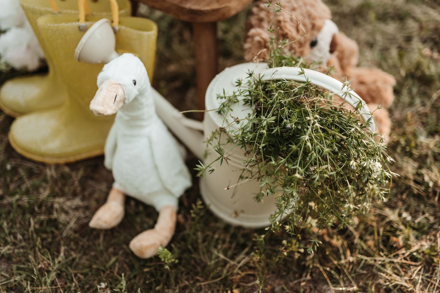 Whimsical garden scene with a white duck toy, watering can with greenery, yellow rain boots, and a teddy bear on grass.