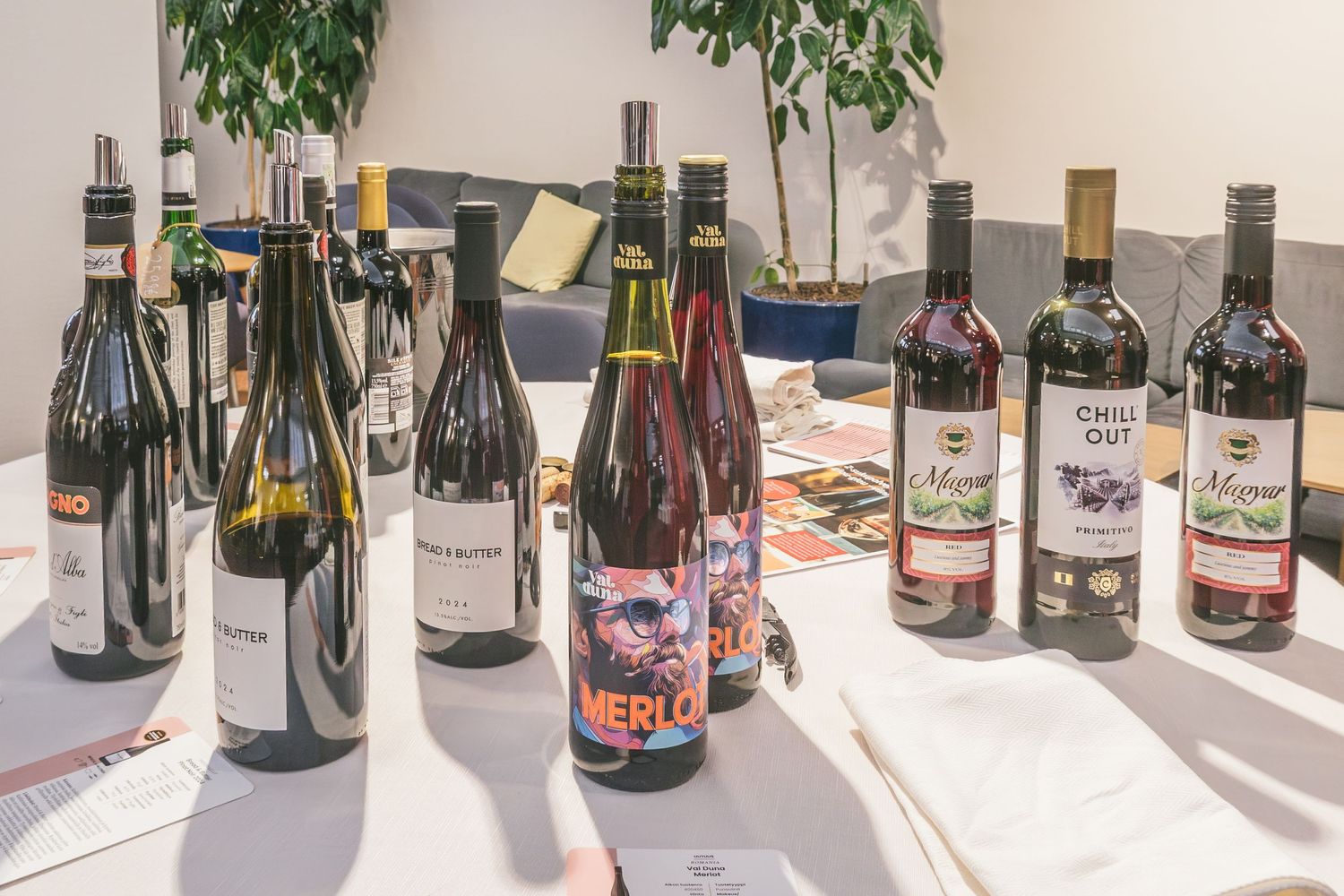 Red wines at Helsinki Uncorked 2026, featuring Val Duna Merlot, Bread & Butter Pinot Noir and Magyar Red. © Reka Peurala, Three Pod Studio