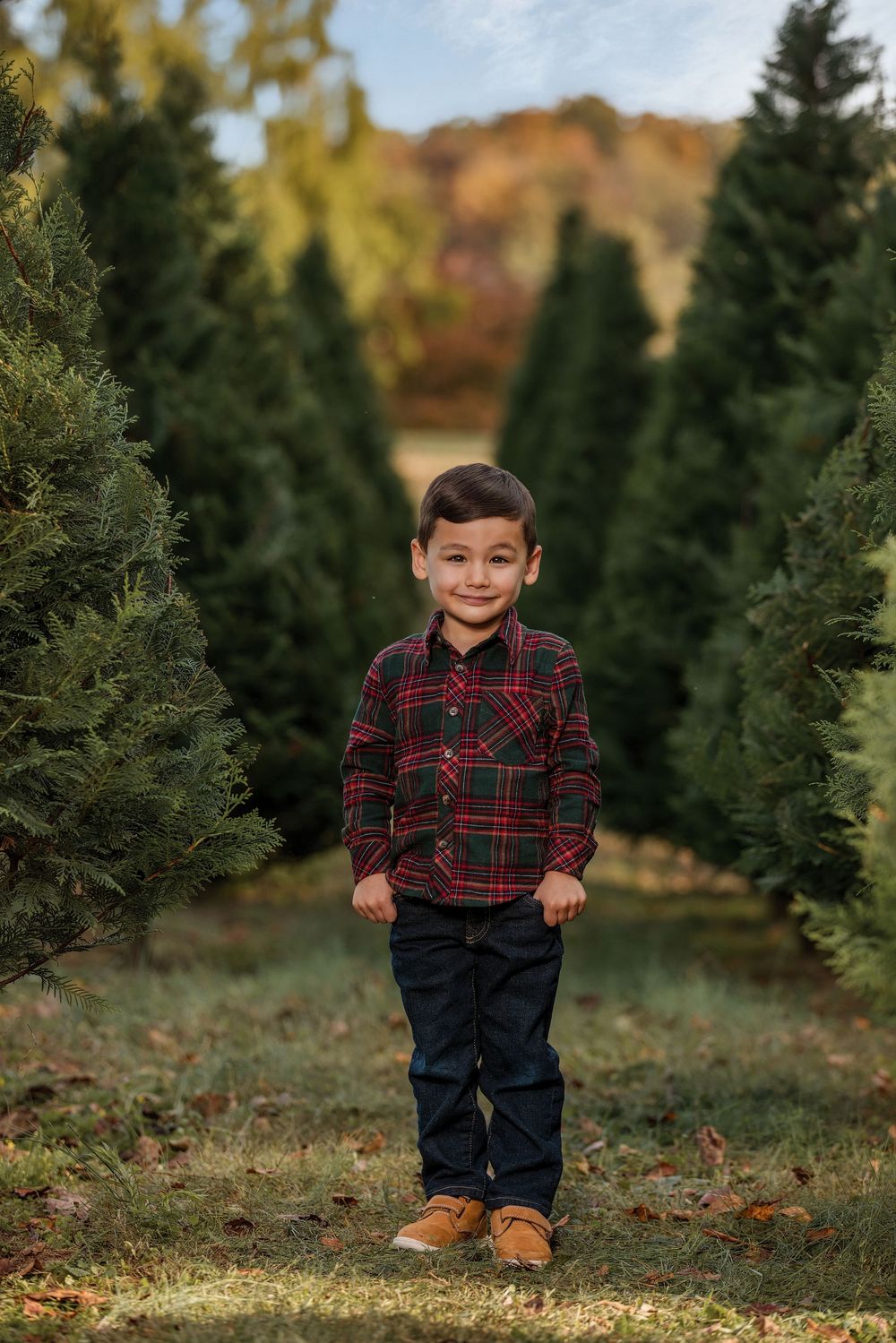 Young boy in plaid shirt and jeans smiling at a Christmas tree farm surrounded by evergreen trees.