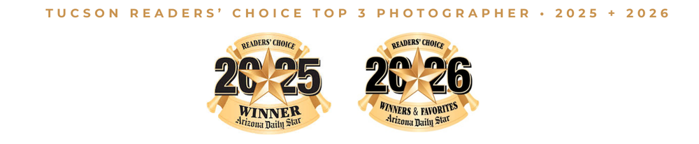 Tucson Readers Choice Top 3 Photographer badges for 2025 and 2026, winner awards from Arizona Daily Star.