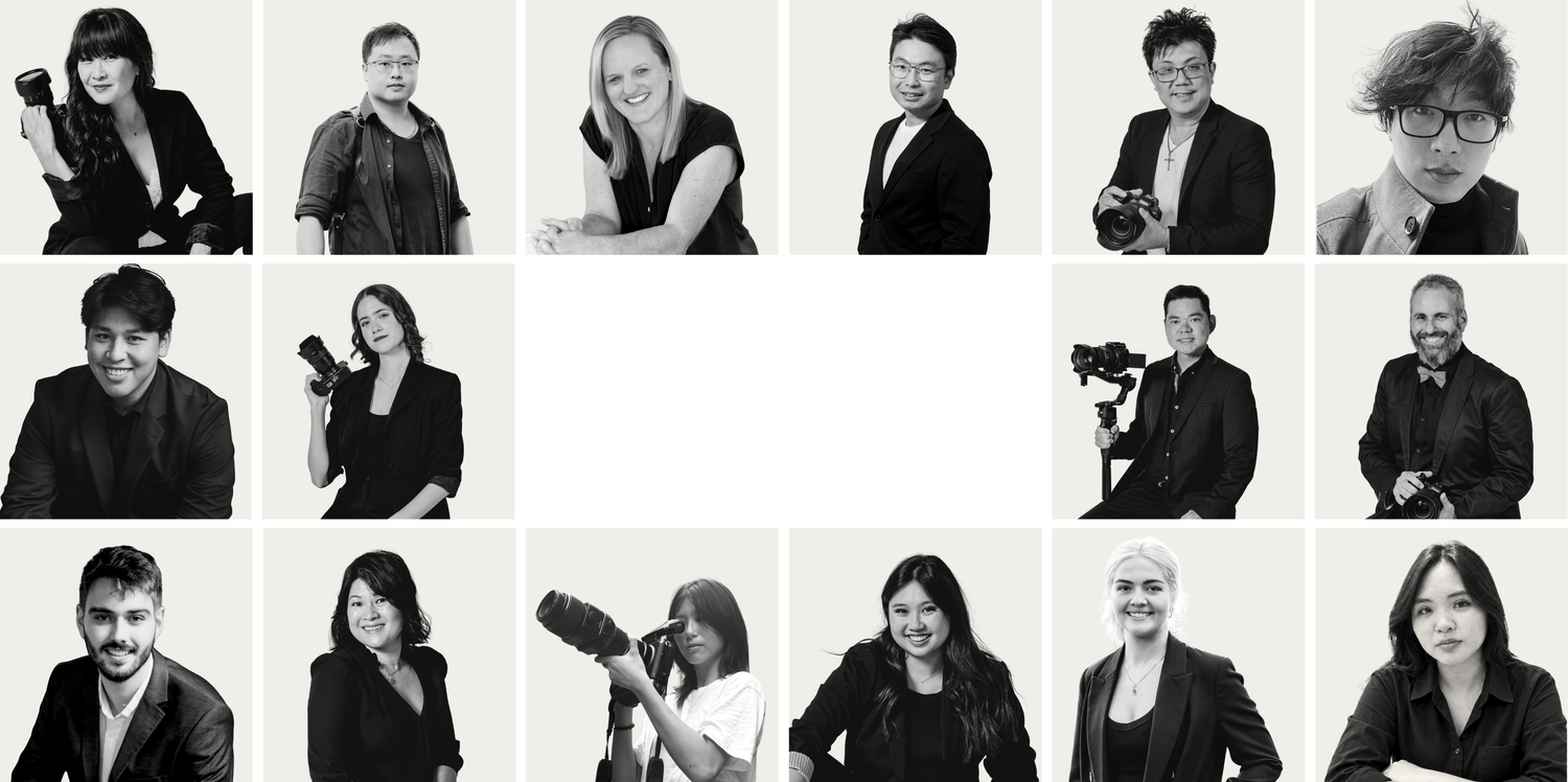 Black and white collage of Infinity Studios photography team members posing professionally with cameras and equipment.