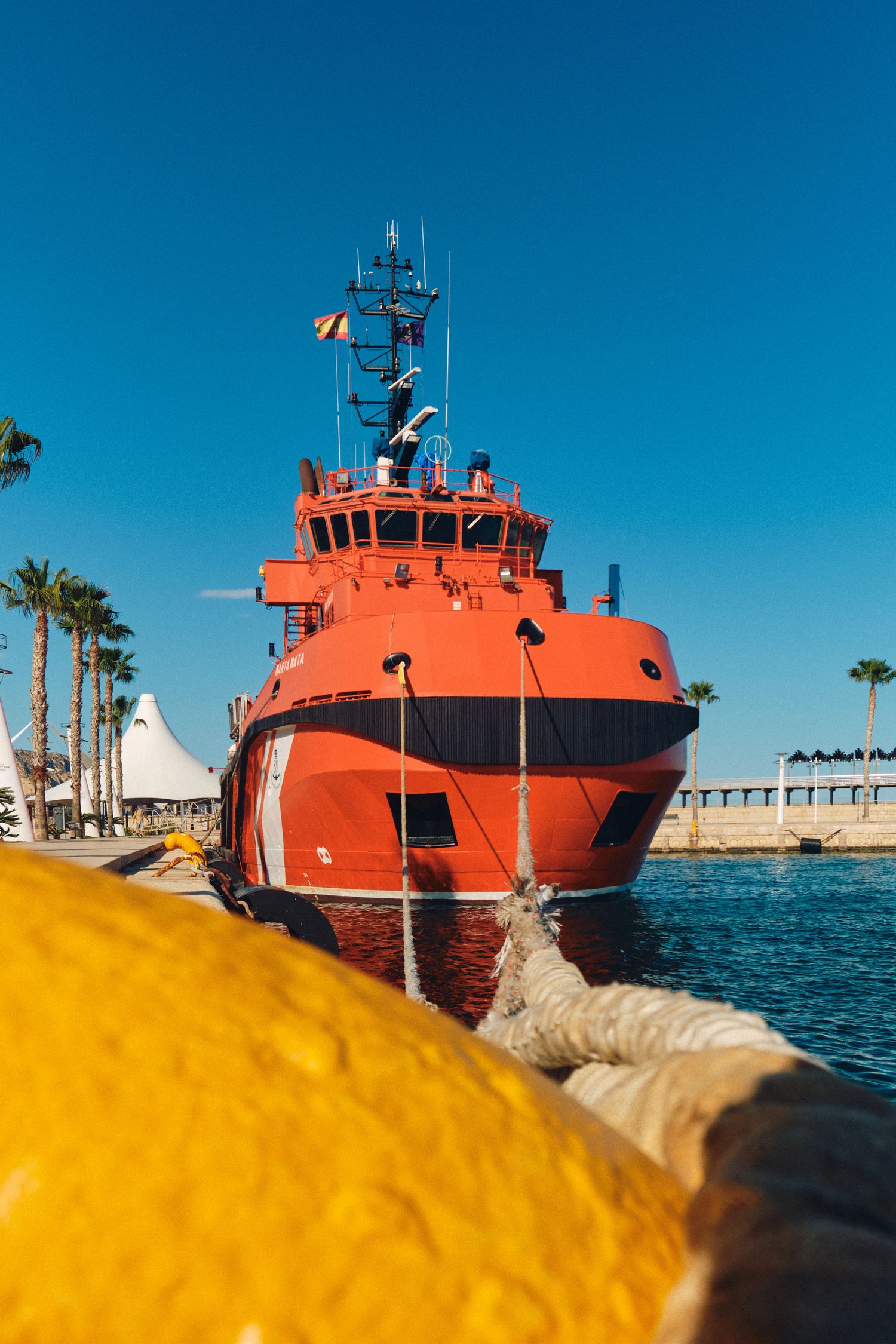 Large orange rescue vessel docked at harbor with palm trees.