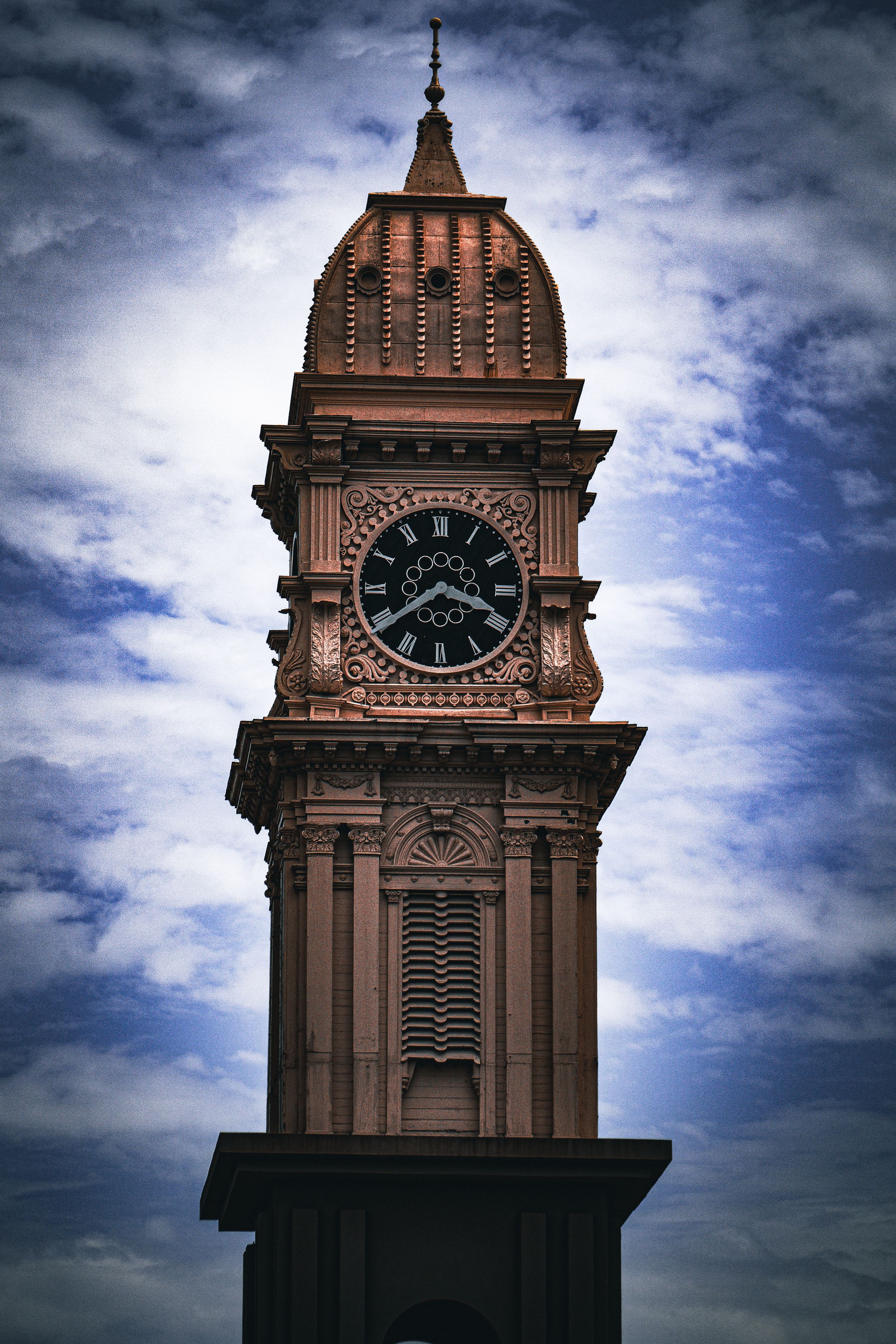 Professional architecture photography.  Gothic style clock tower building in Dubuque, IA.