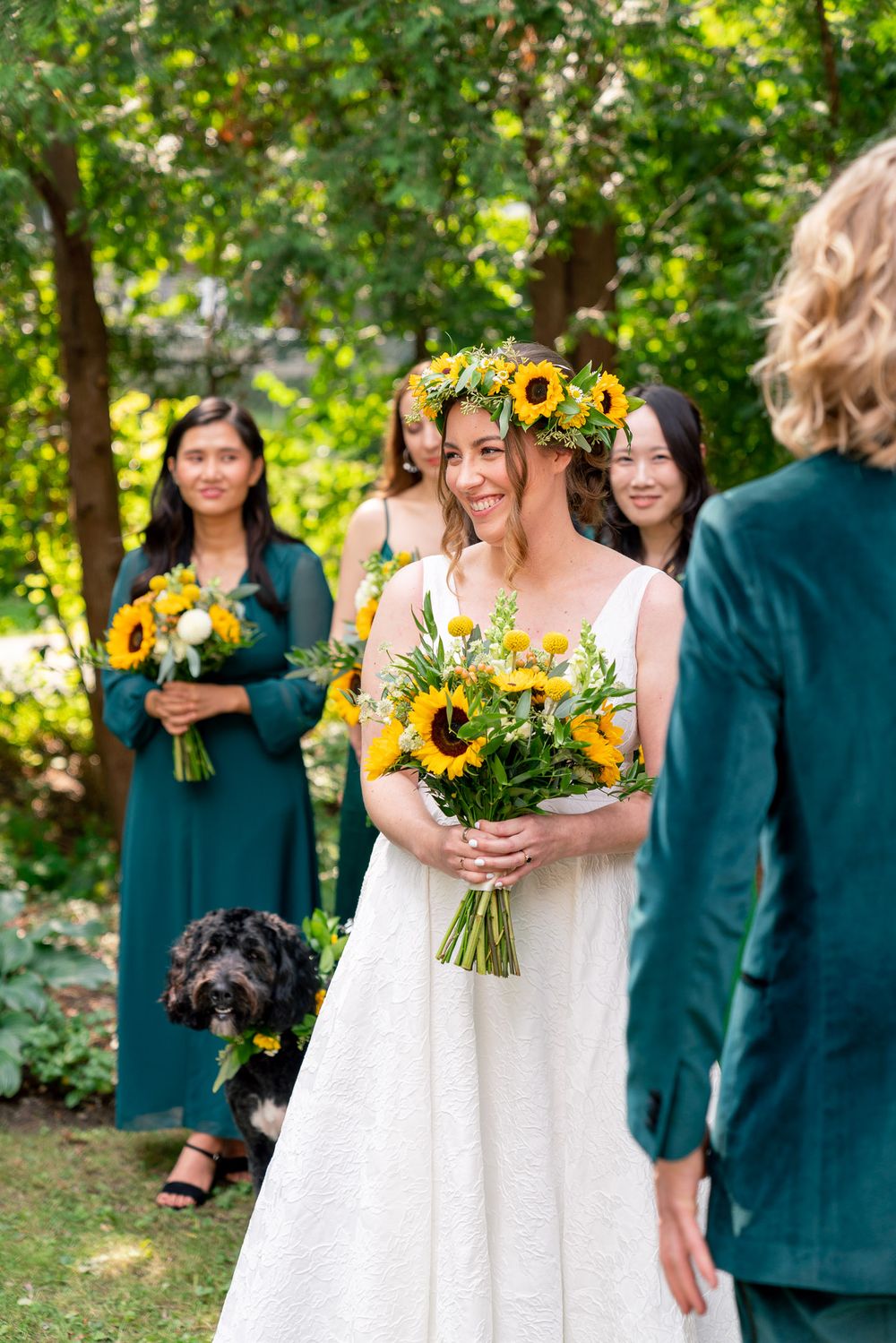 bride with sunflower bouquet during wedding ceremony in toronto