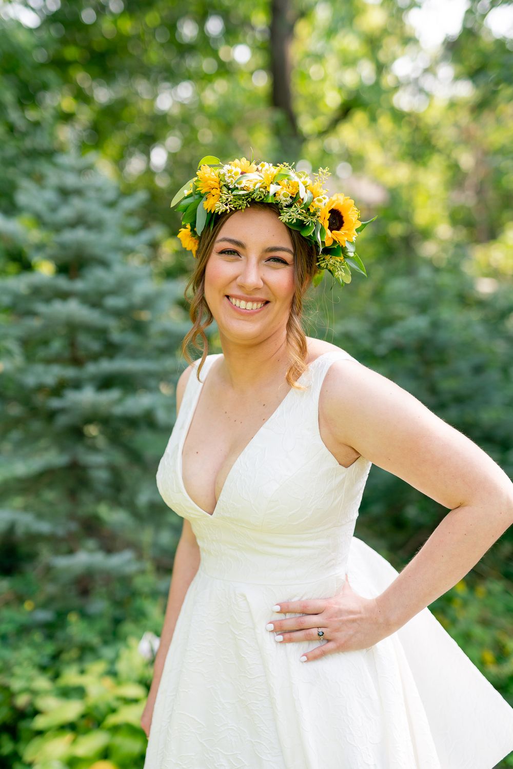 sunflower wedding crown on bride