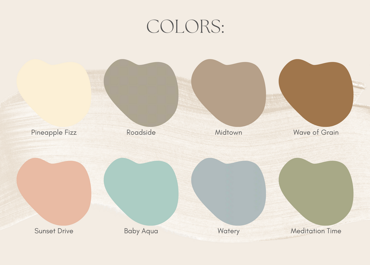 A neutral color palette featuring soft earth tones, pastels and muted shades in organic curved shapes.
