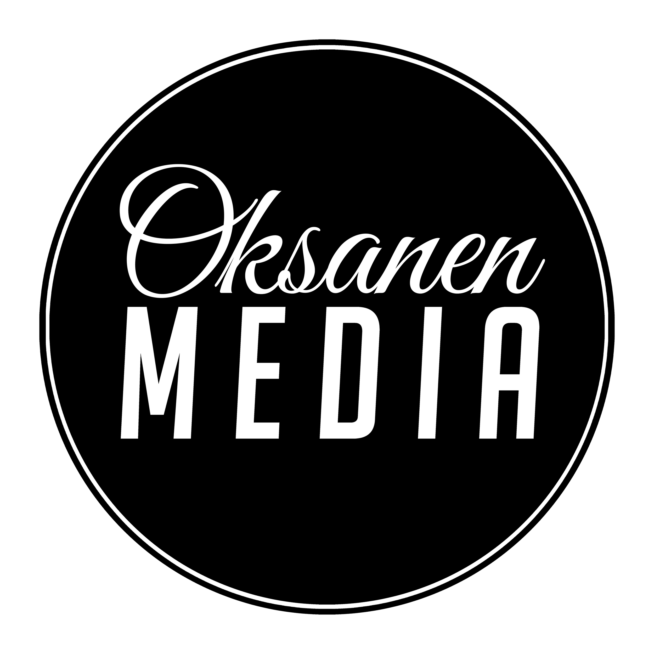 Black and white circular logo design for Oksanen Media with stylish typography on dark background.