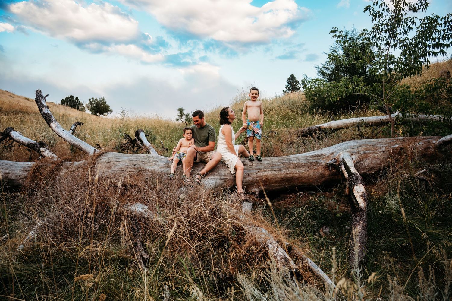 Group posing on fallen tree trunk in scenic mountain meadow during golden hour.  Family Portrait, Joseph Oregon, Wallowa Lake