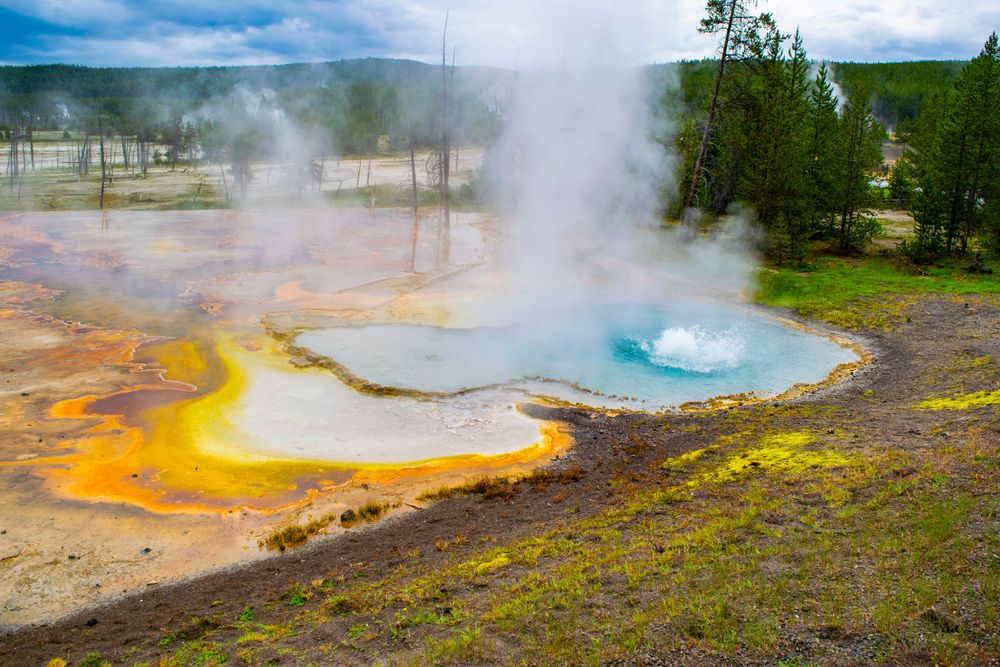 Colorful orange and blue hot spring pools in Yellowstone's geothermal landscape.