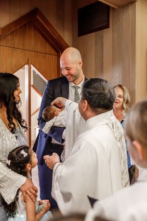 A candid series of three photos capturing a joyful moment of laughter and celebration at a wedding ceremony.