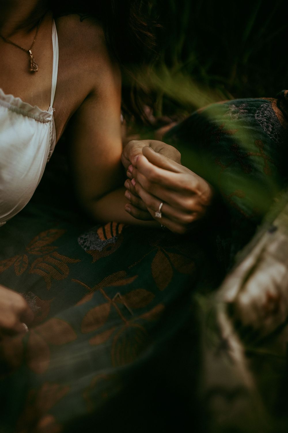Dreamy close-up images with atmospheric shadows and leaves creating a romantic, ethereal mood in low light.