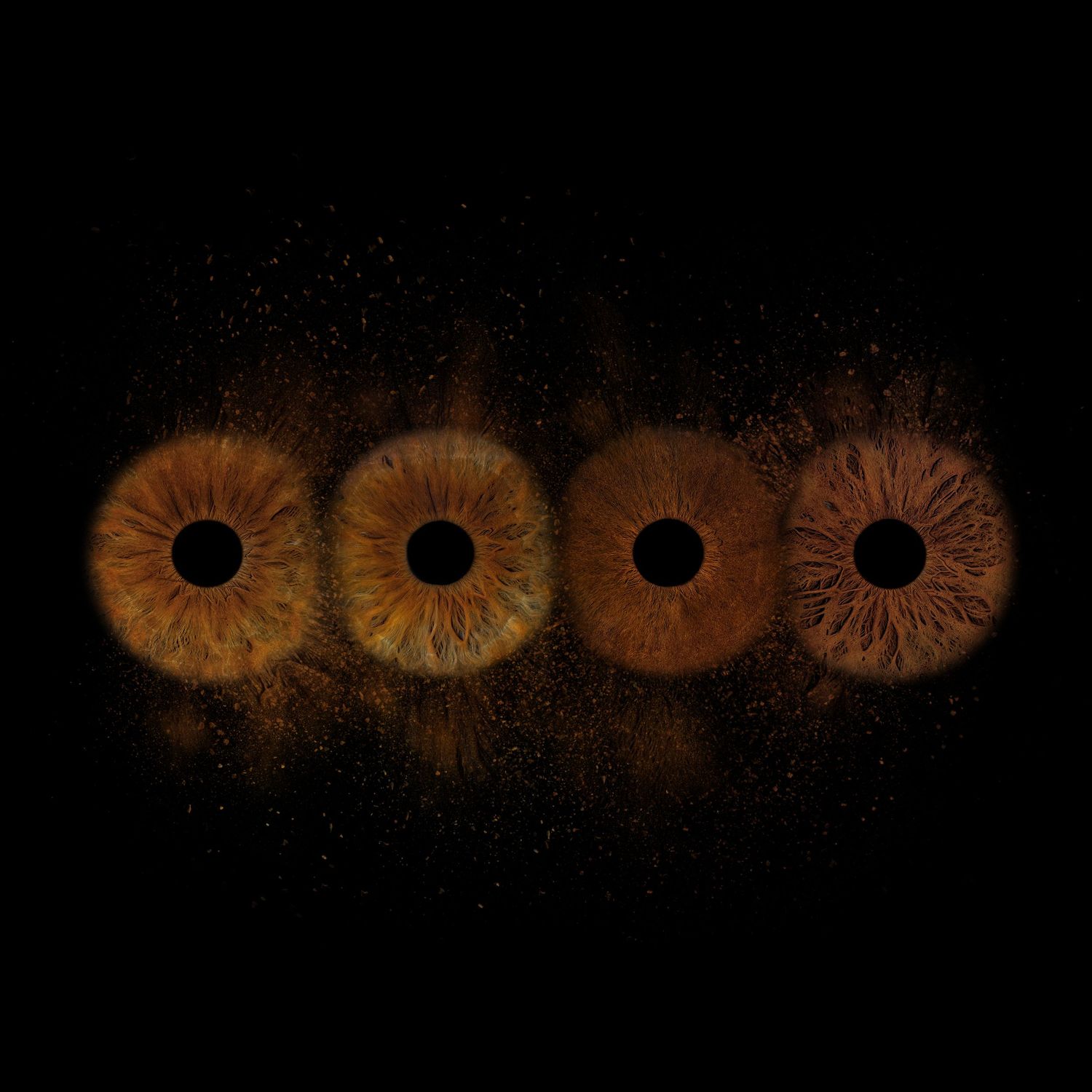 Four colorful circular iris patterns arranged in a row against a black background showing yellow, orange and blue colors.